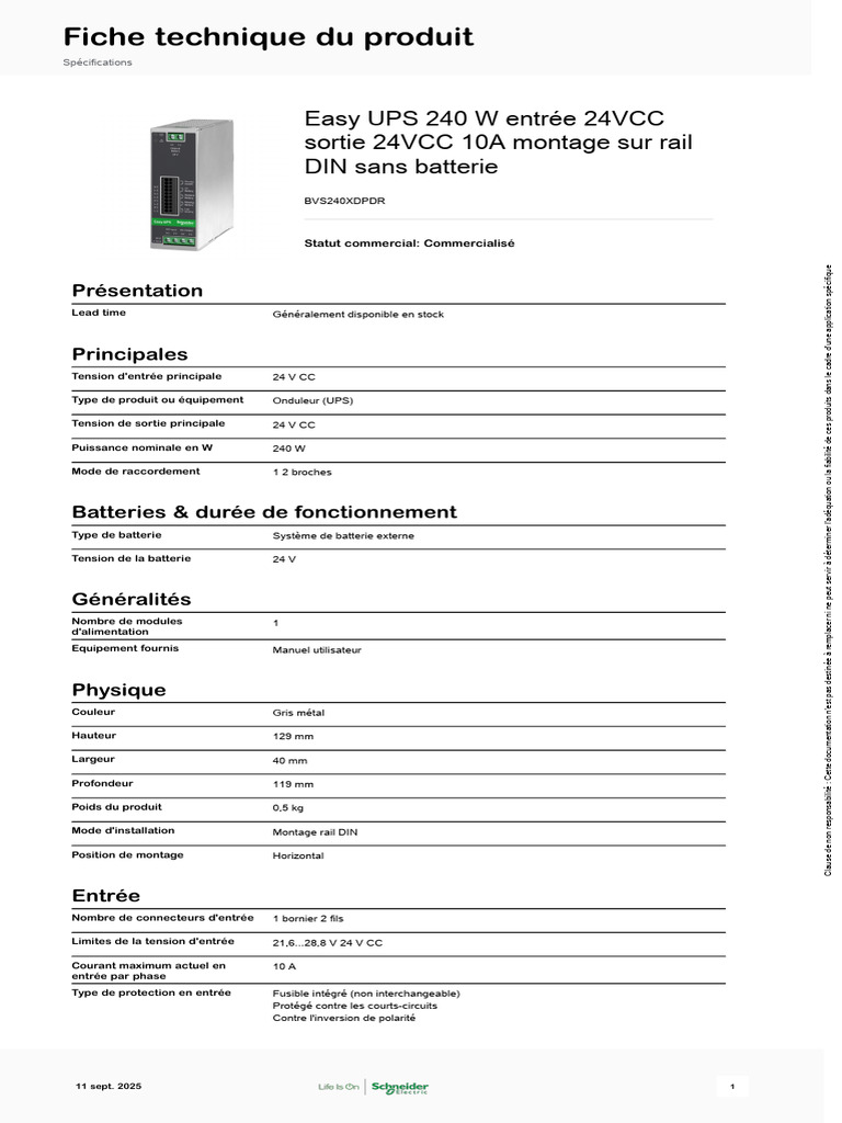 Easy UPS 240 W Entrée 24VCC Sortie 24VCC 10A Montage Sur Rail DIN Sans ...