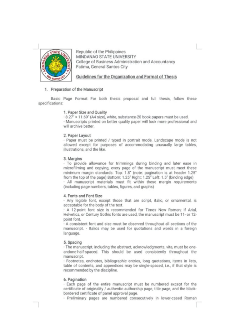 Guidelines For The Organization and Format of Thesis | PDF