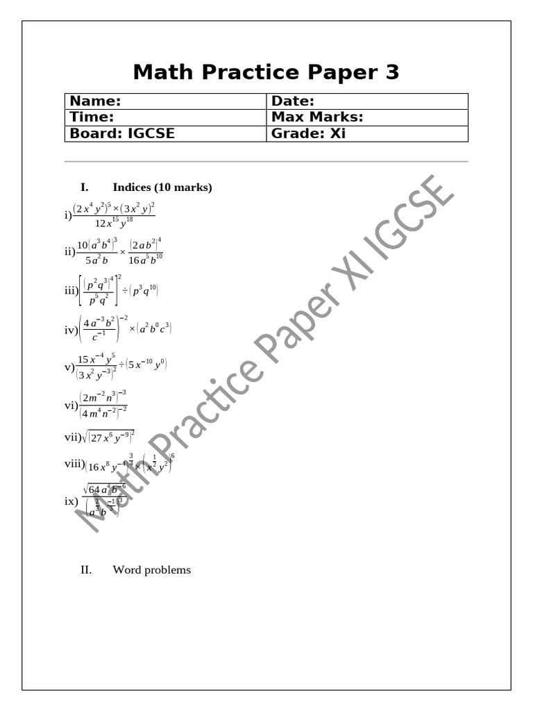 Math Practice Paper | PDF | Area | Equations