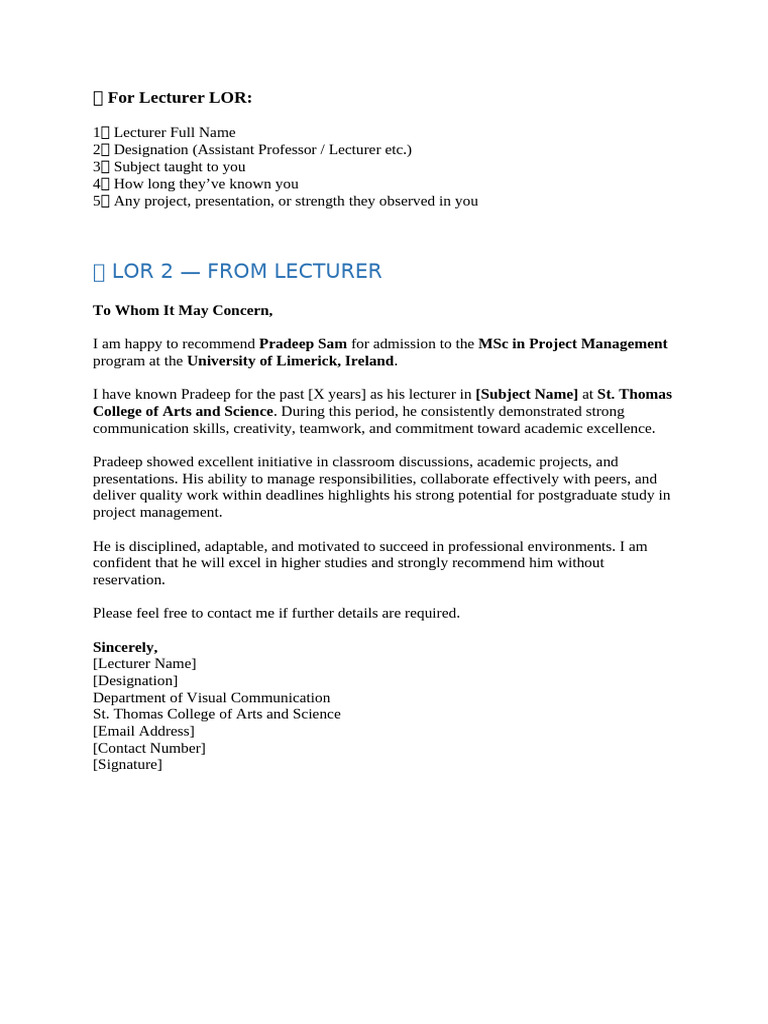 Letter of Recommdation (Professor or Lecture) Format and Content | PDF