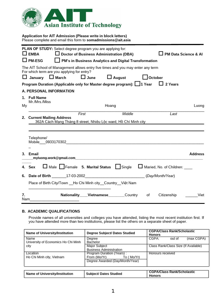 AIT SOM Application Form | PDF