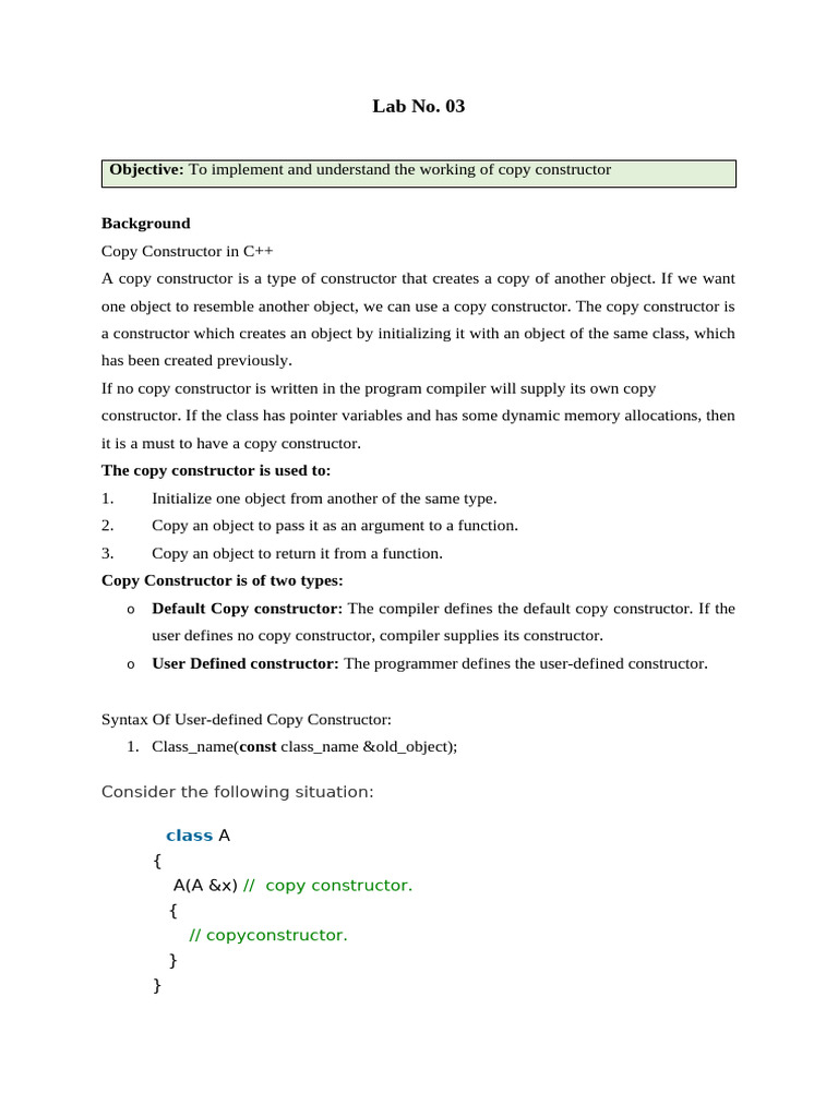 Lab 03 Copy Constructor | PDF | Constructor (Object Oriented ...