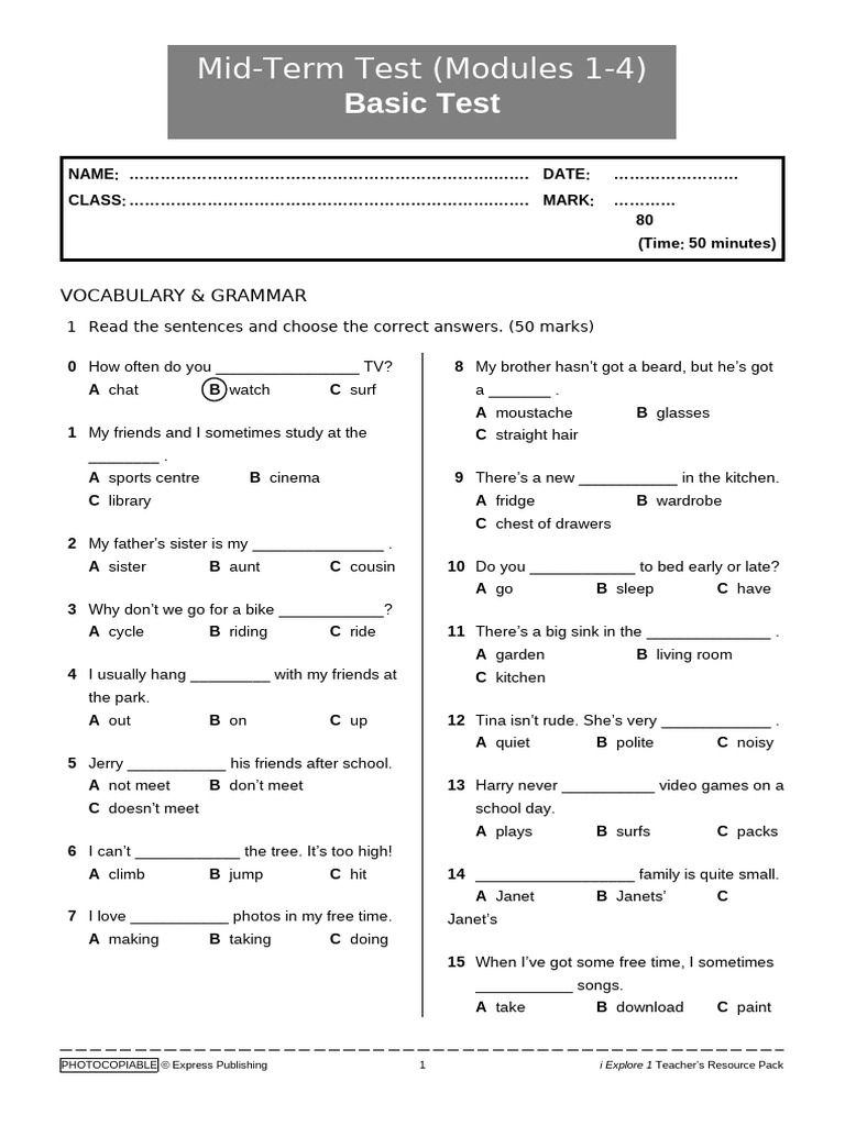 13 IExplore 1 Mid-Term Basic Test | PDF