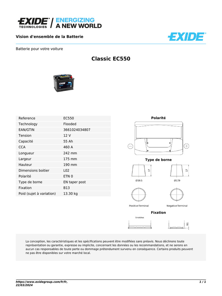 Batterie Exide Ec550 (l2) | PDF