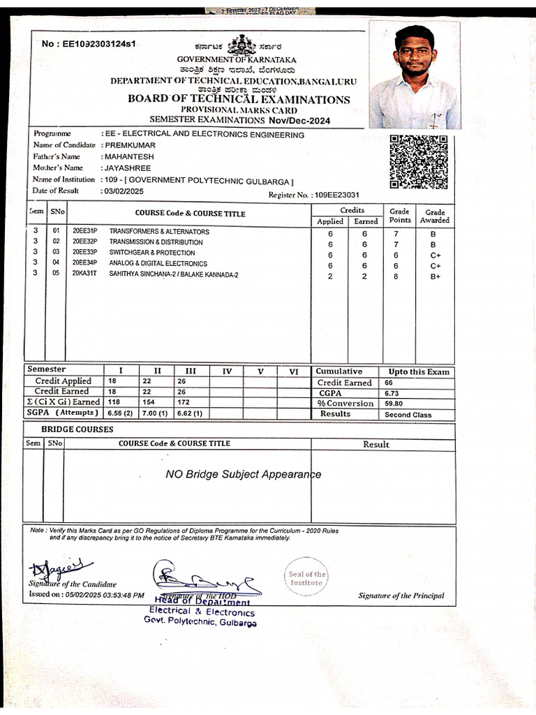 3rd Sem Marks Sheet | PDF