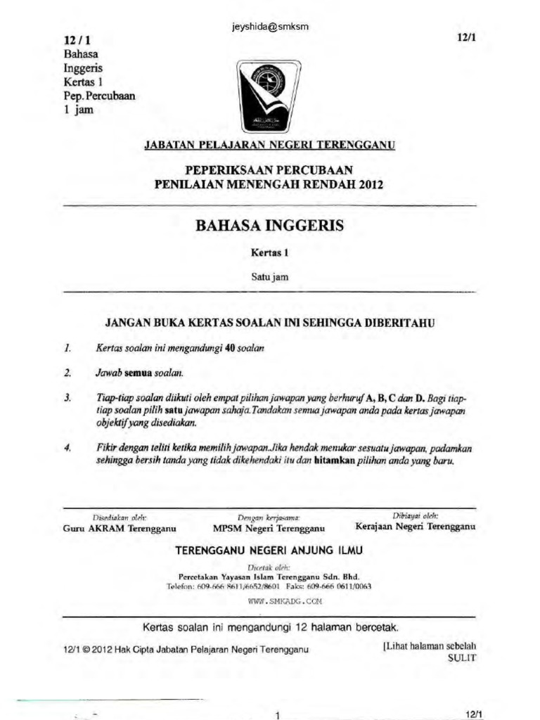 Percubaan Pmr Terengganu Bi Paper 1 Nature