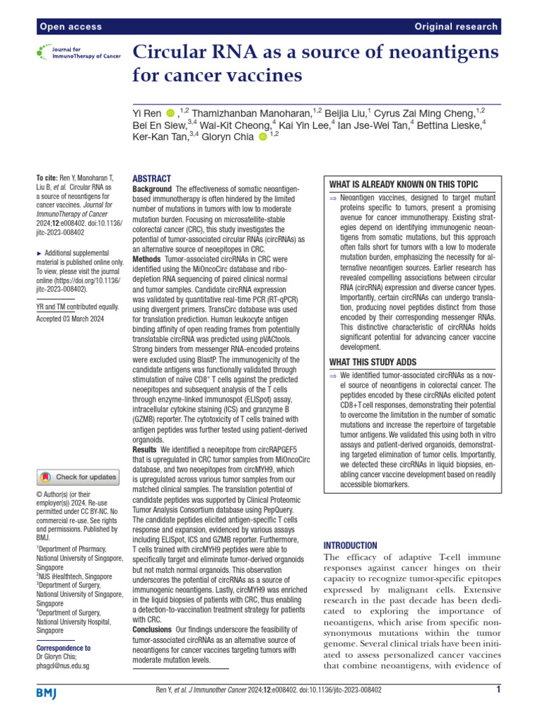 Circular RNA As A Source of Neoantigens For Cancer Vaccines | PDF ...