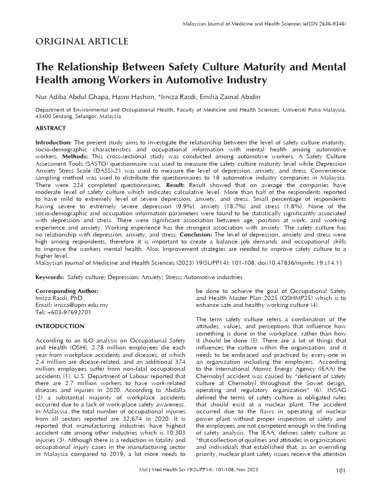 The Relationship Between Safety Culture Maturity and Mental Health ...