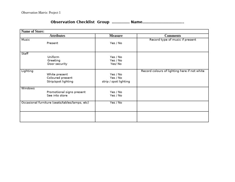 Project 1 Observation Sheet | PDF
