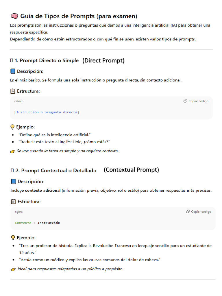 Tipos de Prompts Mas Comunes | PDF