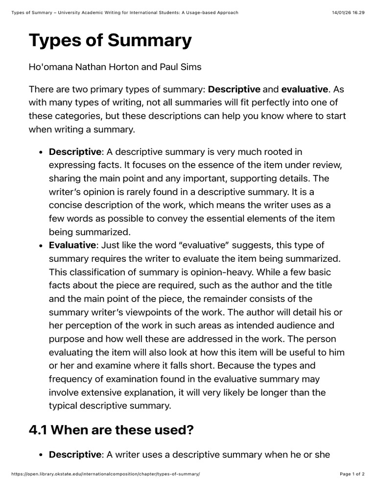 Types of Summary - University Academic Writing For International ...