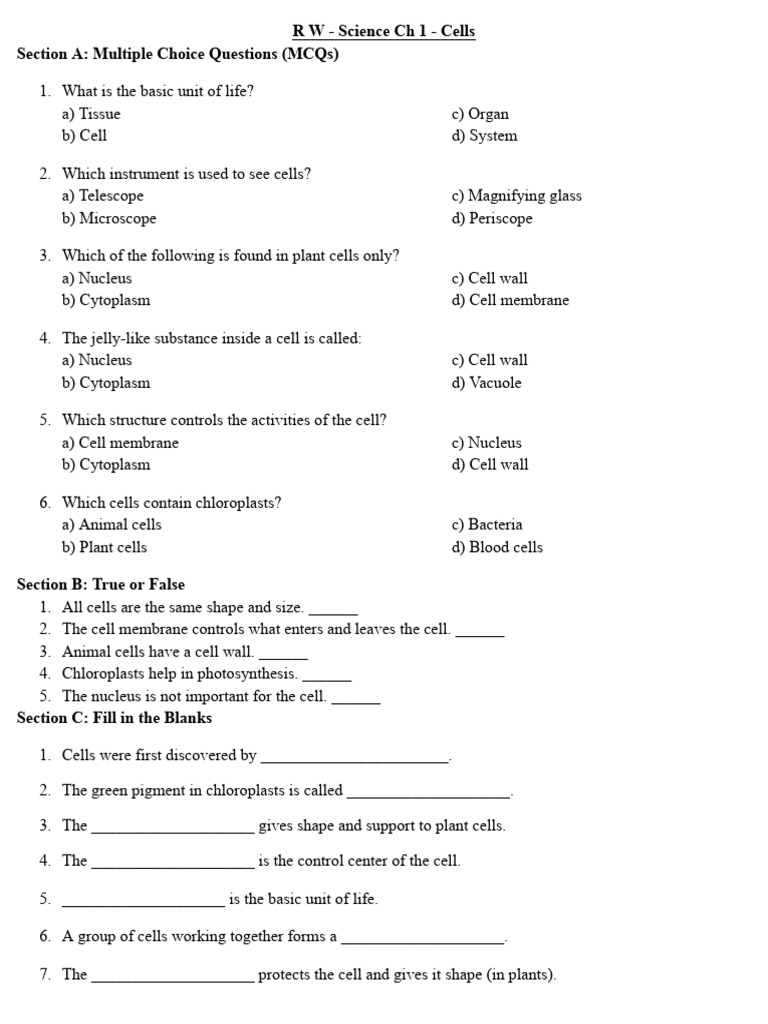 Ch 1 RW - Cells | PDF | Cell (Biology) | Chloroplast