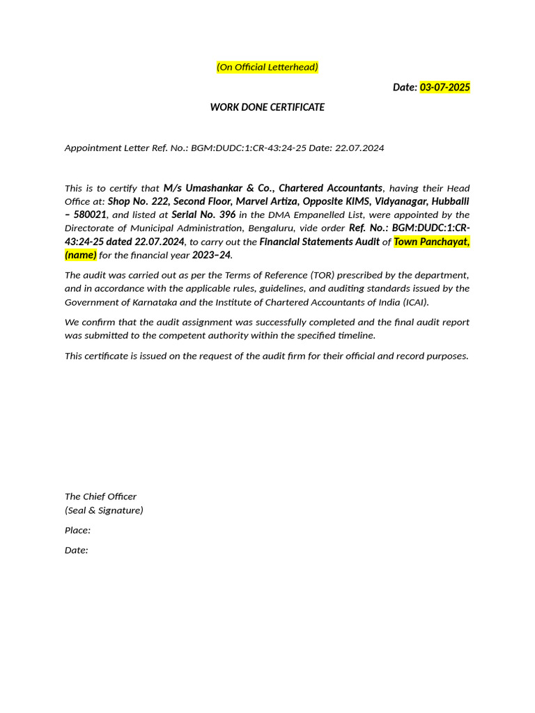 Work Done Certificate Format | PDF