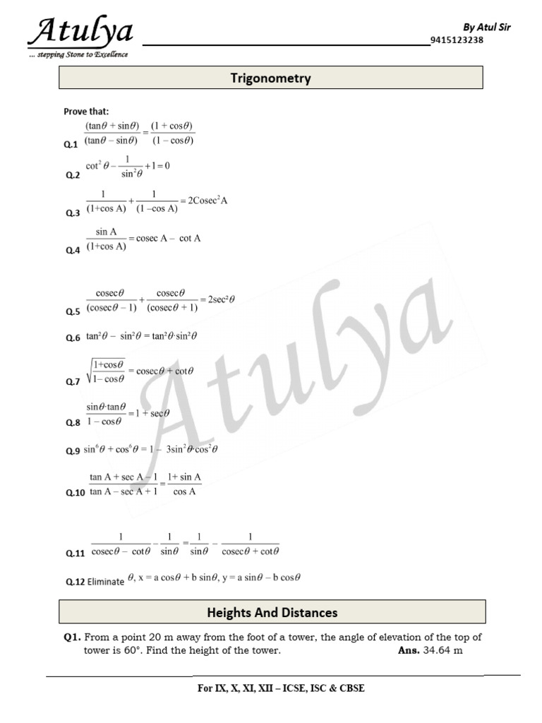 Class 10 Trigonometry + Height and Distance Sheet. | PDF