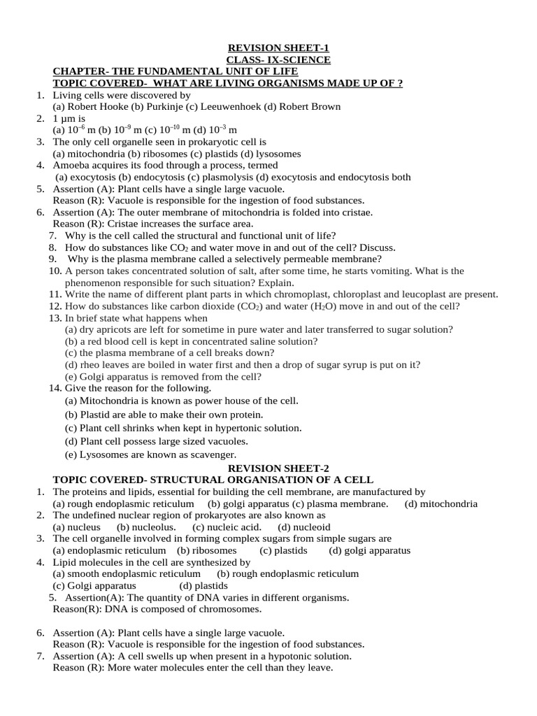 Revision Sheet 1 Ix | PDF | Cell (Biology) | Endoplasmic Reticulum