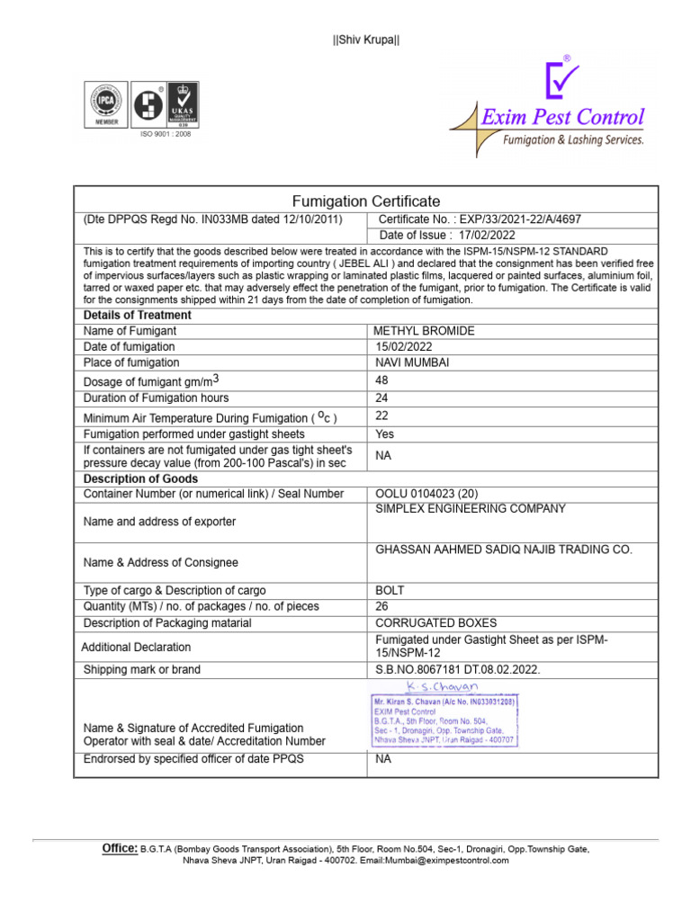 FUMIGATION Certificate | PDF | Freight Transport | Secondary Sector Of ...
