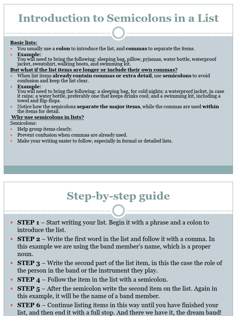 Introduction To Semicolons in A List | PDF | Comma | Typographical Symbols