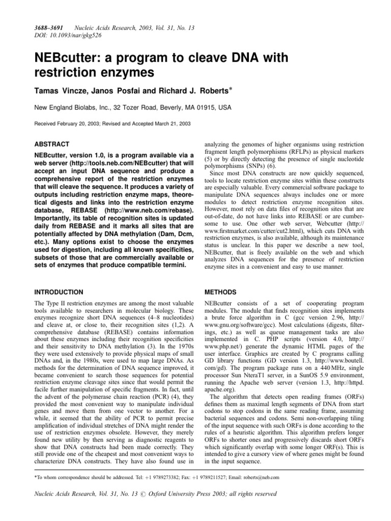 NEBcutter - A Program To Cleave DNA With Restriction Enzymes | PDF ...