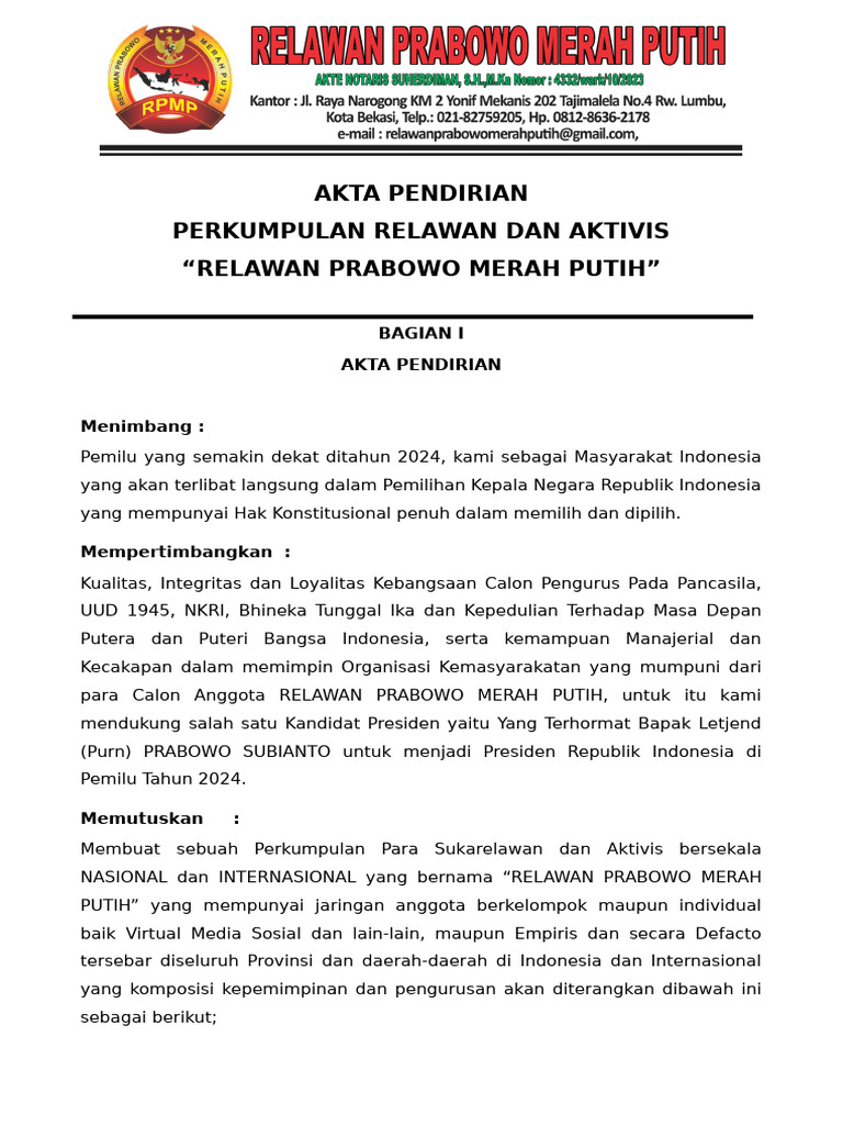 Akta Pendirian Rumah Besar Relawan Prabowo RPMP | PDF