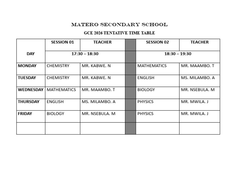 Gce - Time Table 2026 | PDF