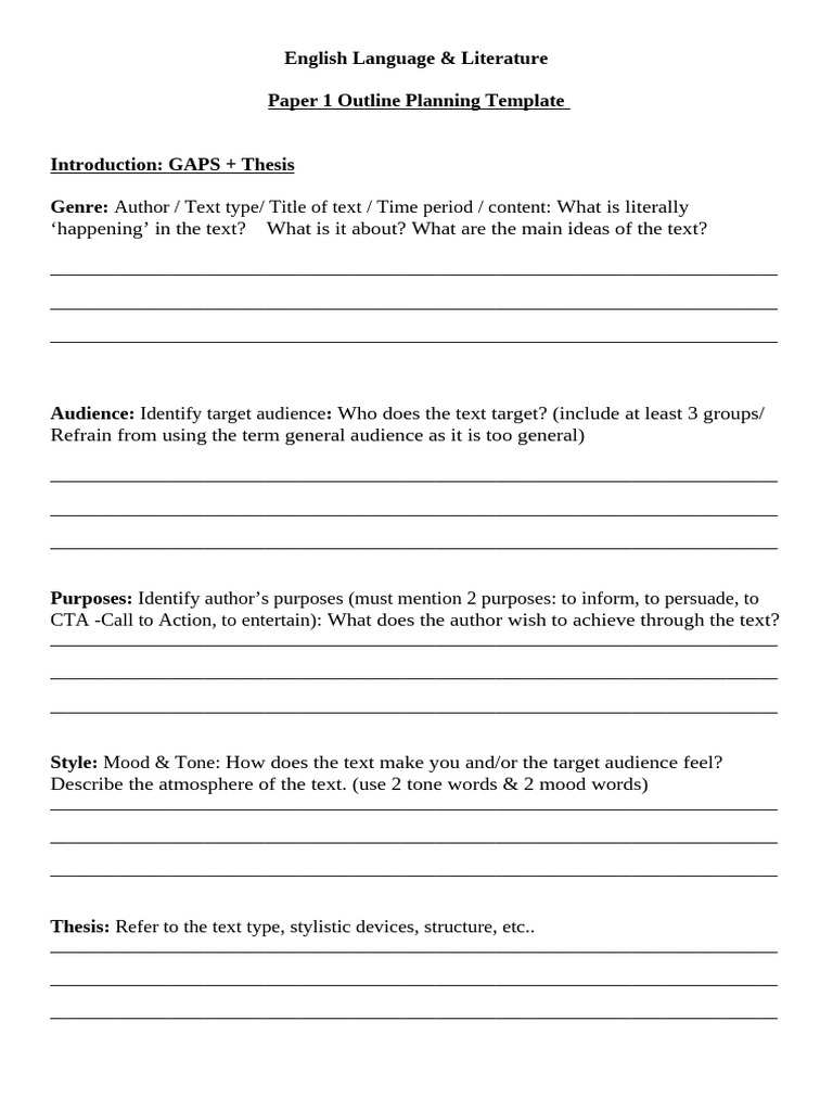 Paper 1 Planning Template Lang Lit | PDF