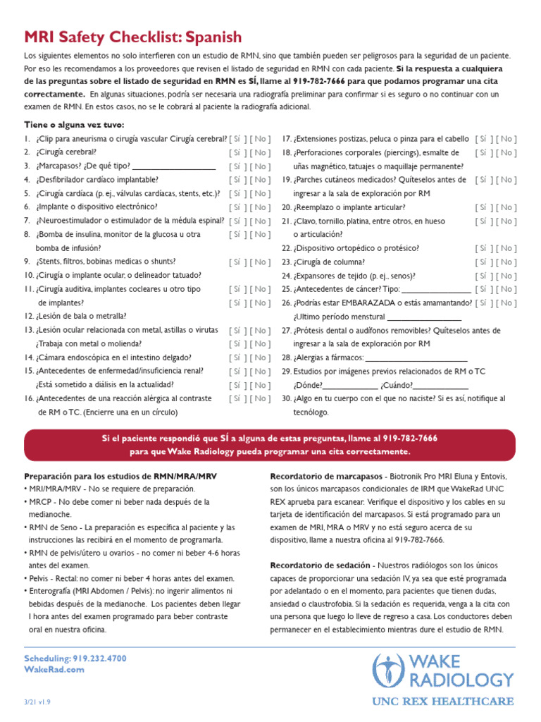 MRI Checklist Spanish v1.7 | PDF | Imagen de resonancia magnética ...