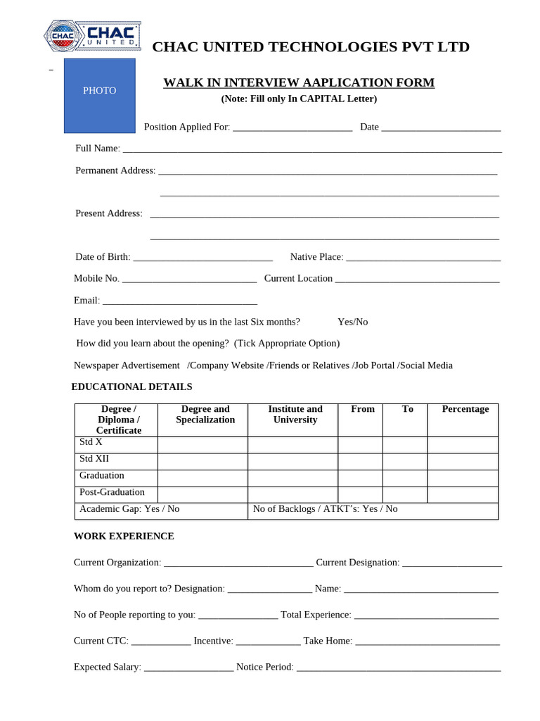 Chac Walk in Interview Application Form | PDF