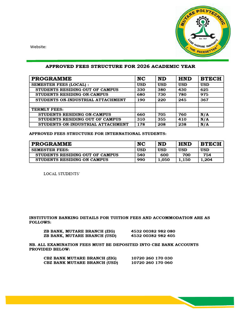 Mutare Polytechnic 2026 Approved Fees Structure | PDF