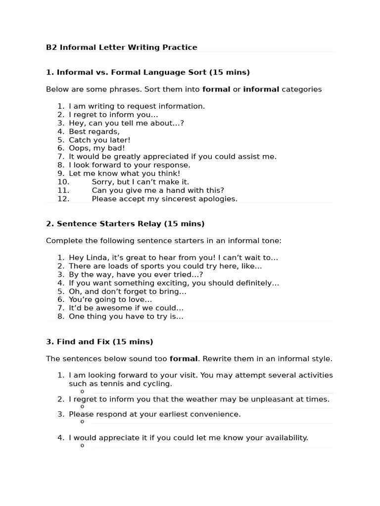 B2 Informal Letter Writing Practice | PDF