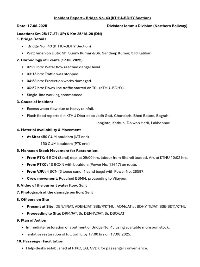 Incident Report Bridge No 43 (KTHU-BDHY) on 17.08.25 | PDF