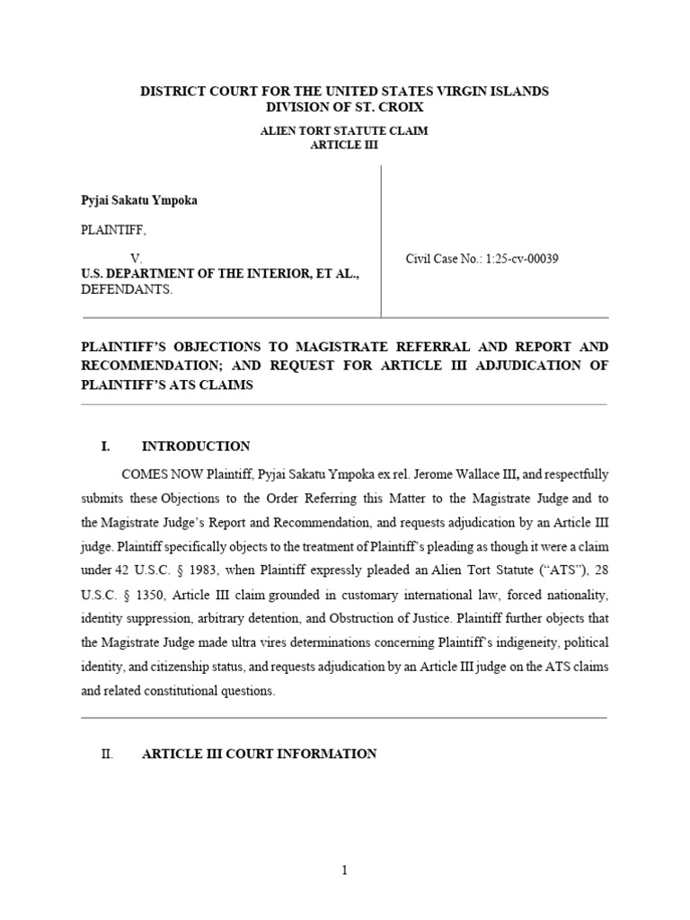 MAN Objection To U.S. VIRGIN ISLANDS Magistrate Henderson 3.27.26 | PDF ...