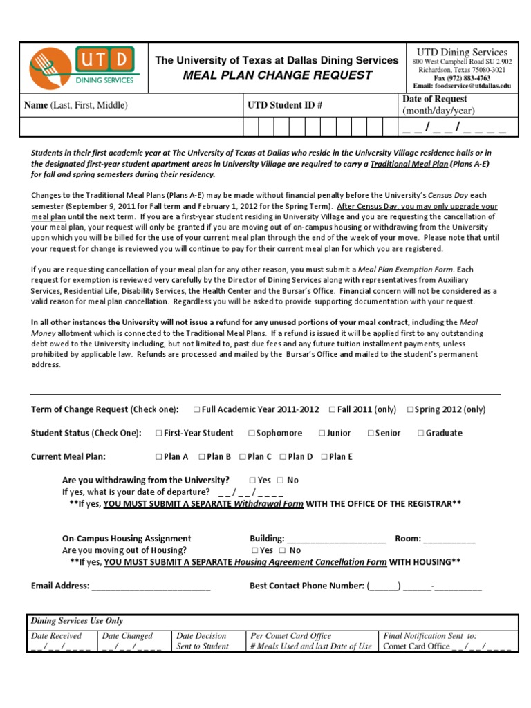 Meal Plan Change Form 2011 | PDF | University Of Texas At Dallas ...