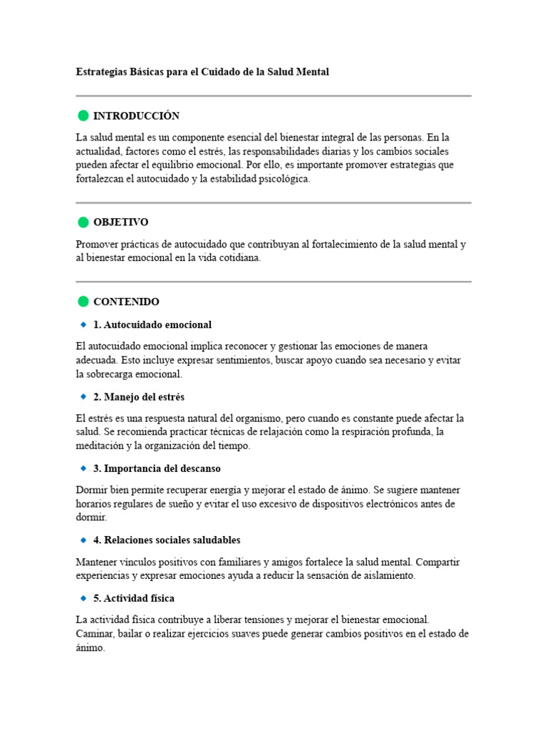 Estrategias Básicas Para El Cuidado de La Salud Mental | PDF