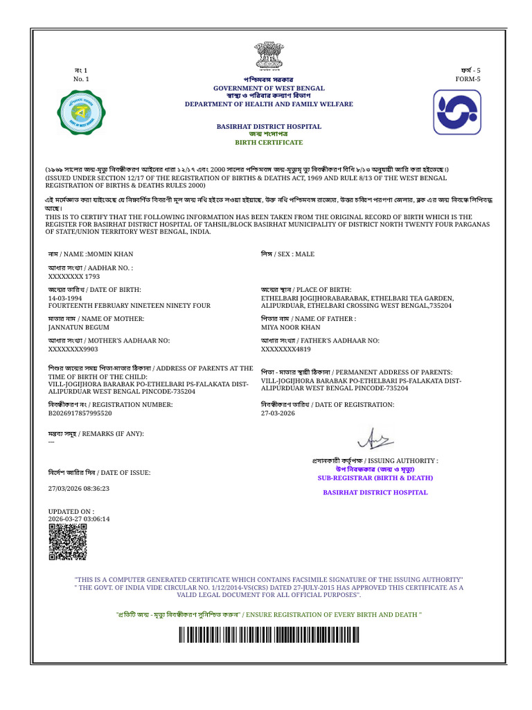 Momin Khan Birth Certificate | PDF