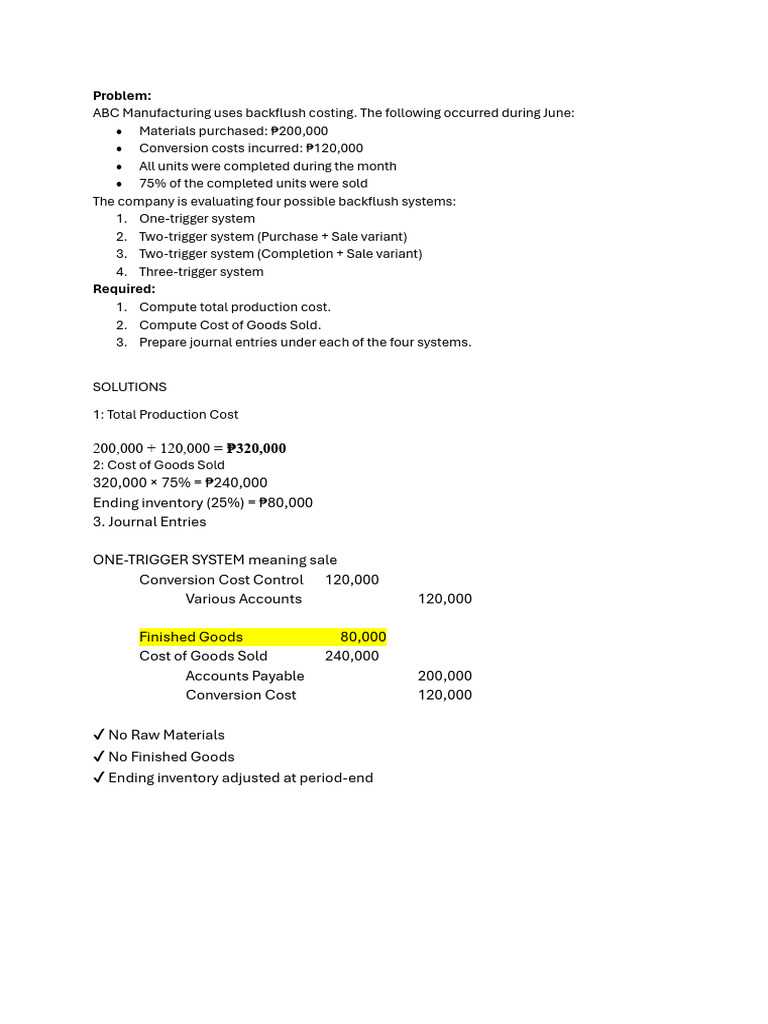 Backflush Costing Important Notes | PDF | Cost Of Goods Sold | Inventory