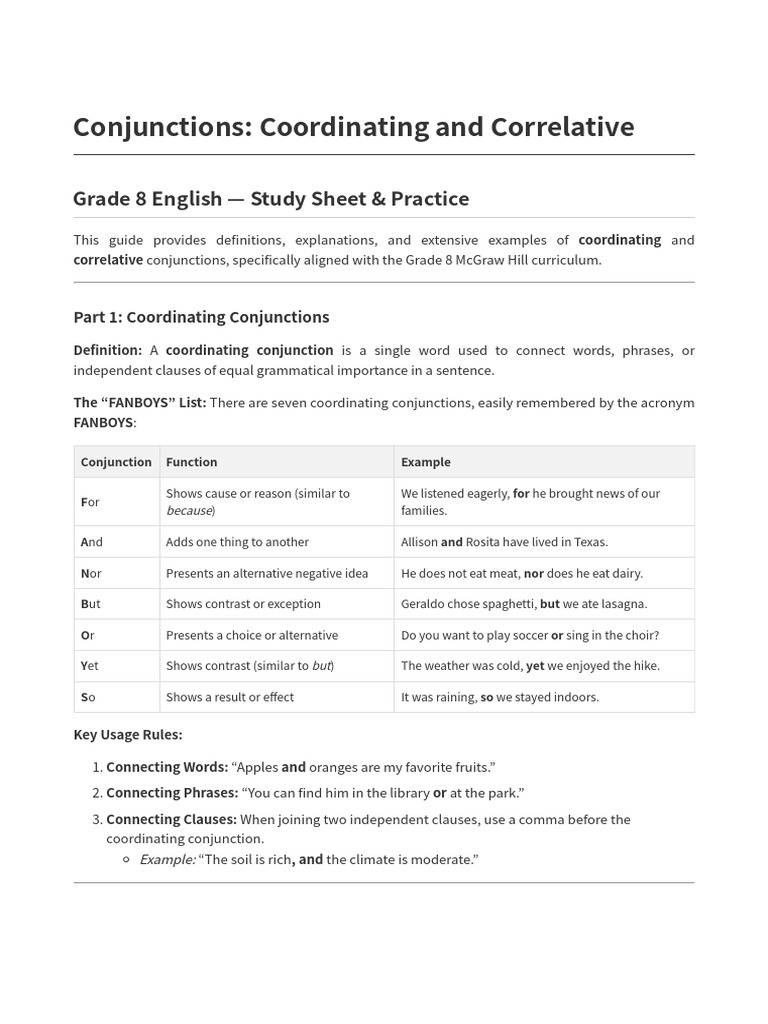Conjunctions Grade8 McGrawHill | PDF | Linguistics | Syntax