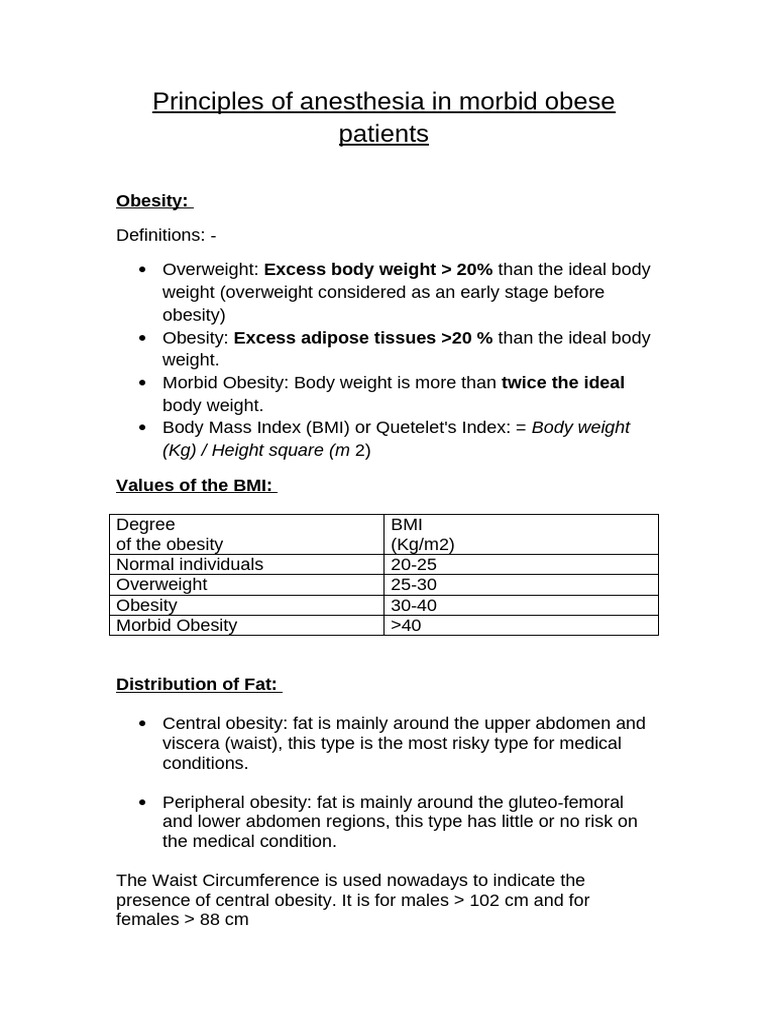 Principles of Anesthesia in Morbid Obese Patients | PDF