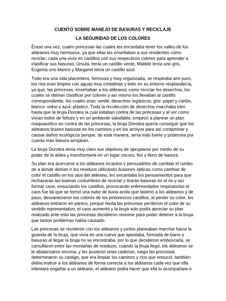 Cuento Sobre Manejo de Basuras y Reciclaje | PDF