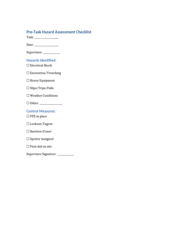 Pre Task Hazard Assessment Checklist | PDF