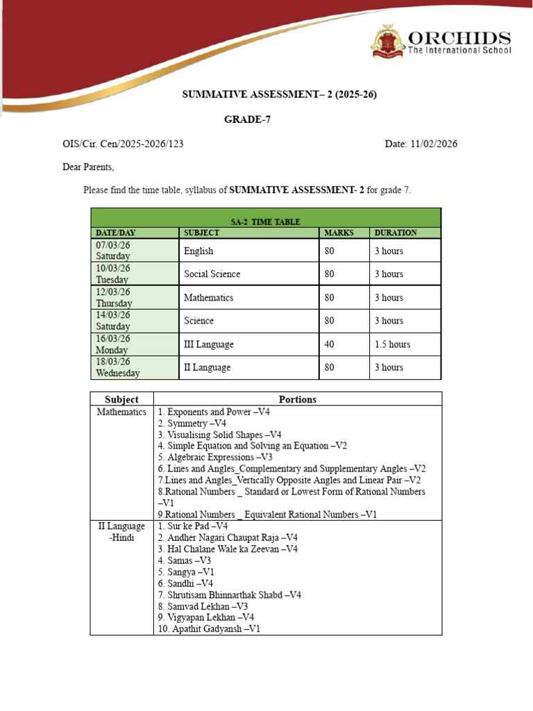 Grade 7 Time Table & Portions | PDF