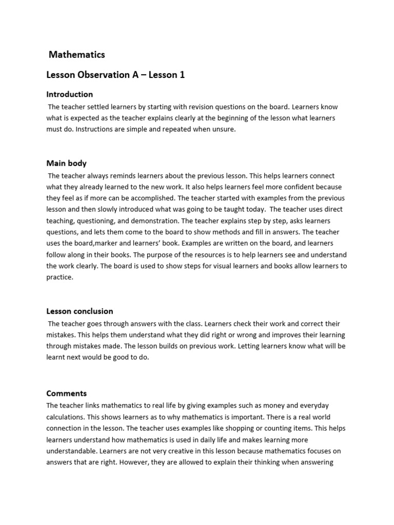 Lesson Observation A 30001766 | PDF