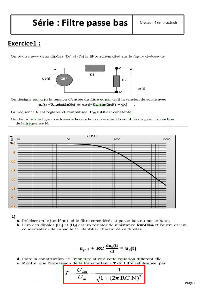 Série Filtre Passe Bas Bac 2026 | PDF