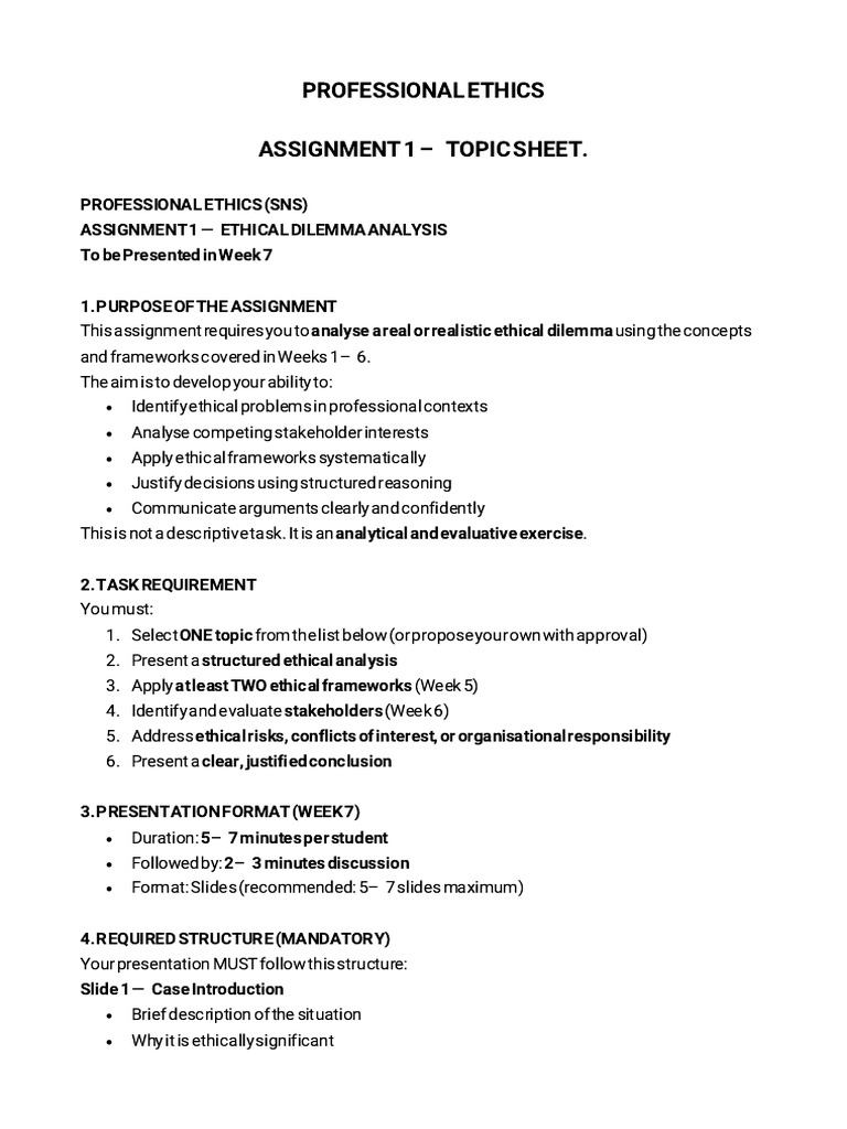PROFESSIONAL ETHICS ASSIGNMENT - INFORMATION SHEET | PDF