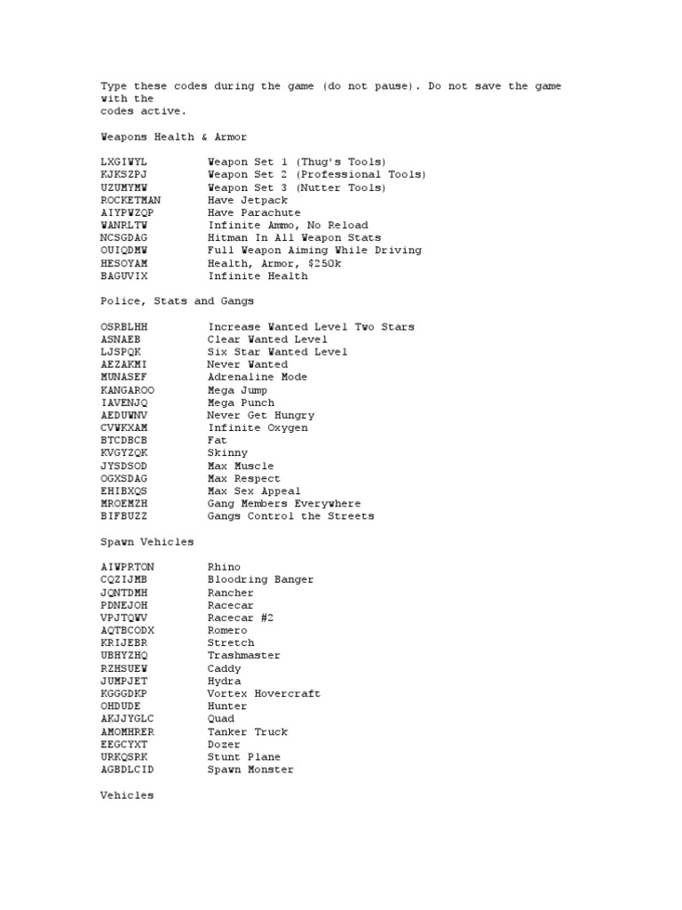 Gta-San Andreas Cheat Codes PC, PDF, Weaponry