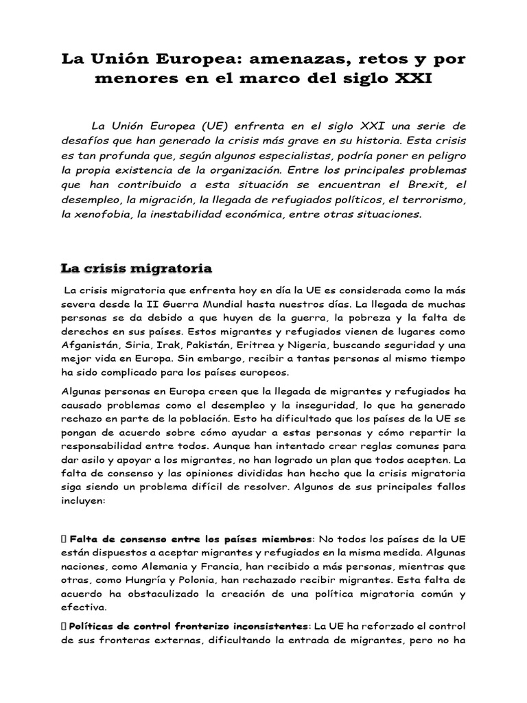 La Unión Europea Amenazas, Retos y Por Menores en El Marco Del Siglo ...
