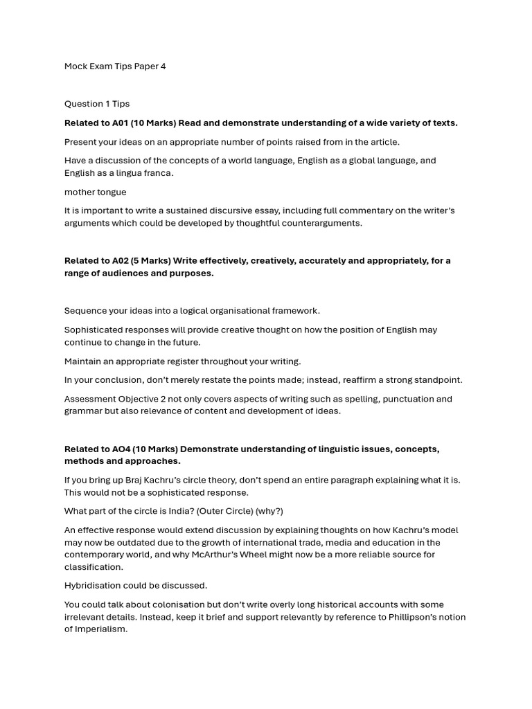 Mock Exam Tips Paper 4 | PDF | English Language | Essays