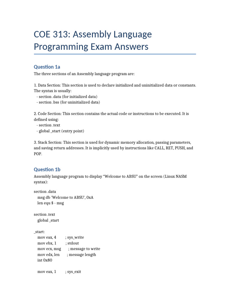 COE313 Assembly Exam Answers Part1 | PDF