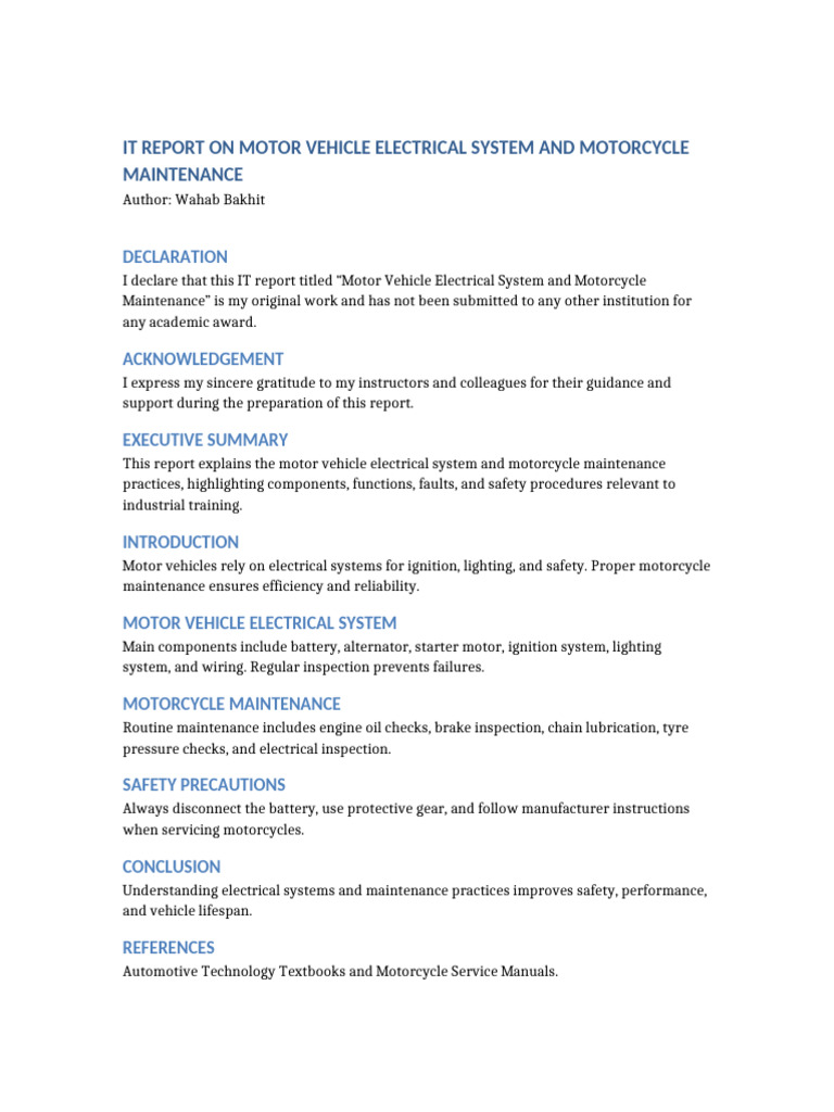 IT Report Motor Vehicle Electrical System and Motorcycle Maintenance | PDF