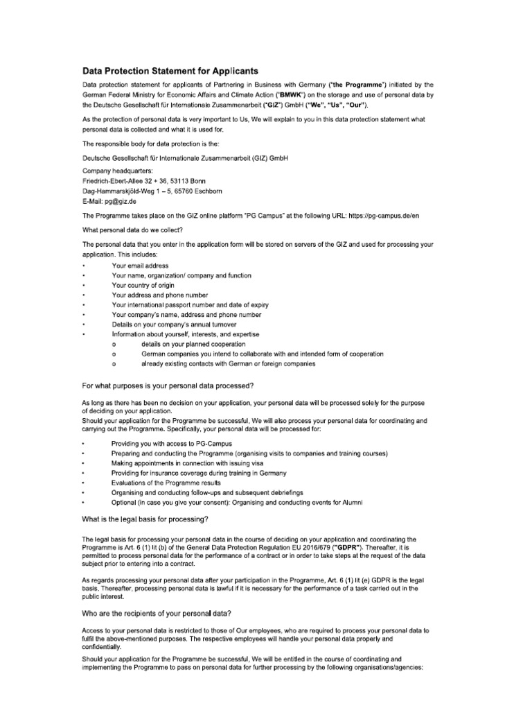 Data Protection Statement for Applicants | PDF