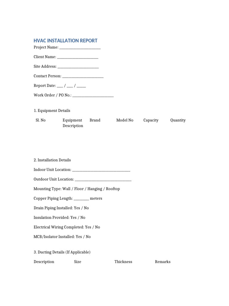 HVAC Installation Report Format | PDF